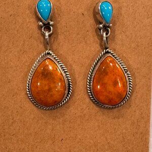 Southwestern Sterling Silver Turquoise & Orange Teardrop Dangle Earrings